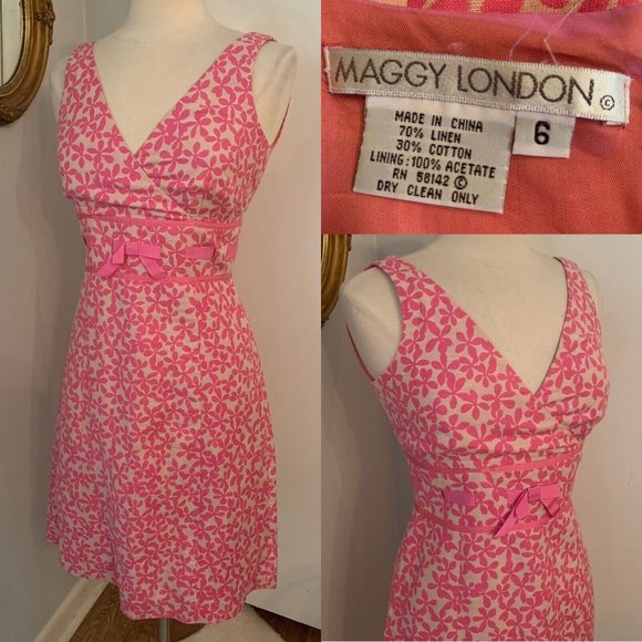 Maggy London Pink Floral Dress Fit & Flare 6 sleeveless Cocktail Easter V Neck - Picture 12 of 12